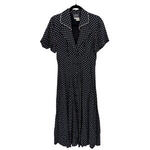 Vintage Foxy Lady Black White Polka Dot Midi Dress Button Front Tie Back Sz‎ 6 8